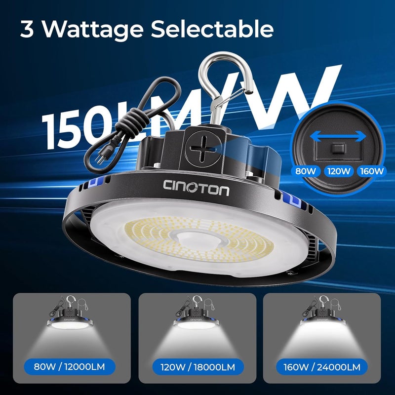 CINOTON UFO LED High Bay Light, 160W/120W/80W Switchable, AC100-277V LED Shop Lights with US Plug, 24000LM Dimmable 0-10V Commercial Bay Lighting for Garage Workshop 5000K Daylight-UL Listed, 4 Pack - Image 4